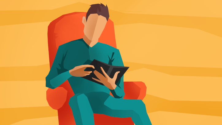 An illustration of a man reading a book in an armchair.