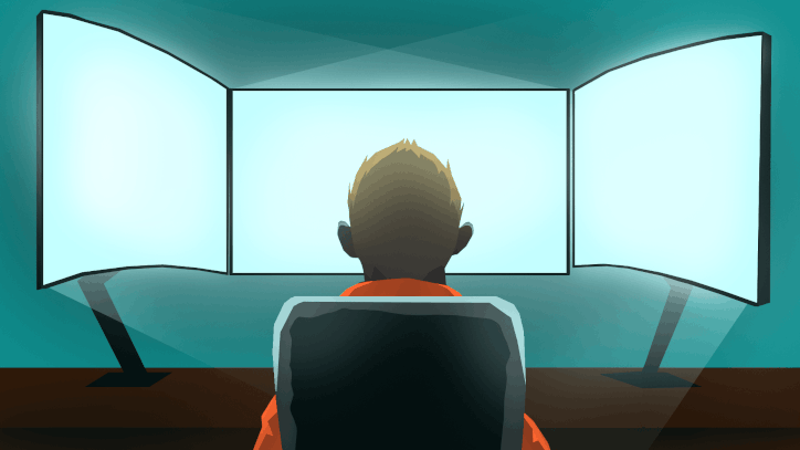 An illustration of a man, sitting in a chair, looking at three computer screens.