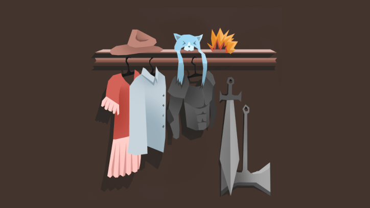 An illustration of a closet full of fantasy clothing and weapons.