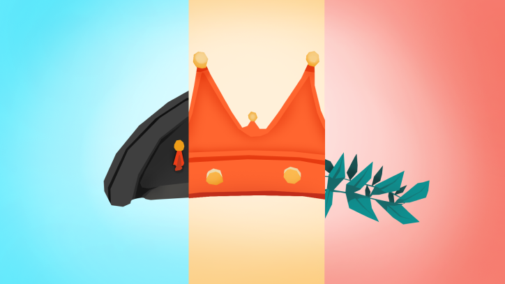 An illustration of a dictator hat, monarch crown, and an elected leader's crown.