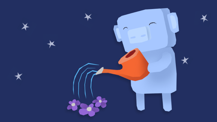An illustration of Wumpus, the Discord mascot, watering some plants.